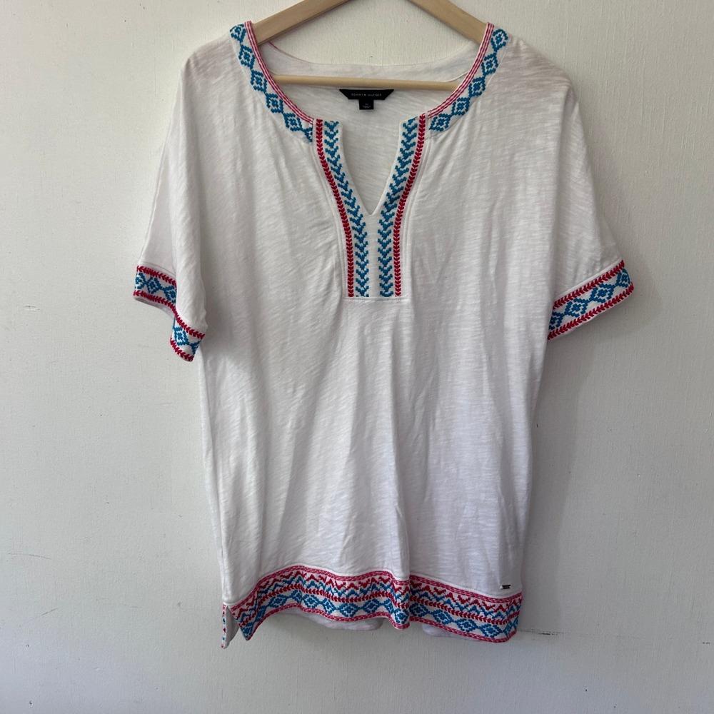 Tommy Hilfiger Tunic Top Womens Medium White Embroidered Boho Preppy